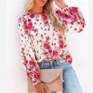VICI Floral Sheer Bishop Sleeve Blouse Round Neck Size S